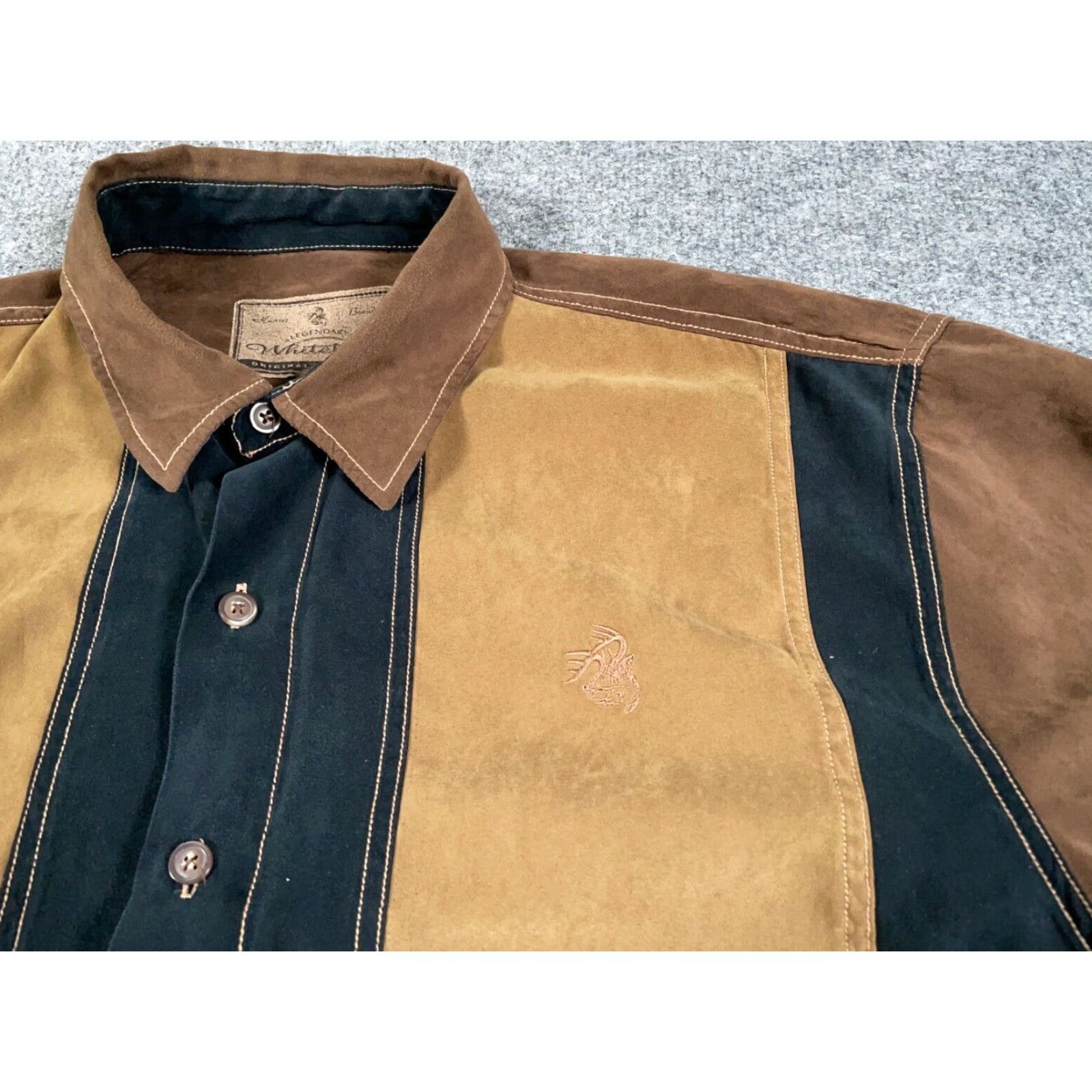 Vintage Retro Suede Faux Rockabilly Style Shirt Adult XL Brown Black Striped Western Size US L / EU 52-54 / 3 - 8 Thumbnail
