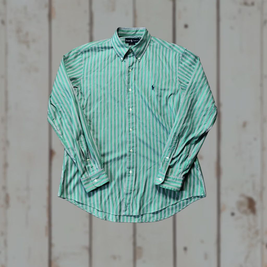 Ralph Lauren Ralph Lauren Dress Shirt Mens Large Green Stripe Slim Fit Button Down Cotton Size 42R - 1 Thumbnail