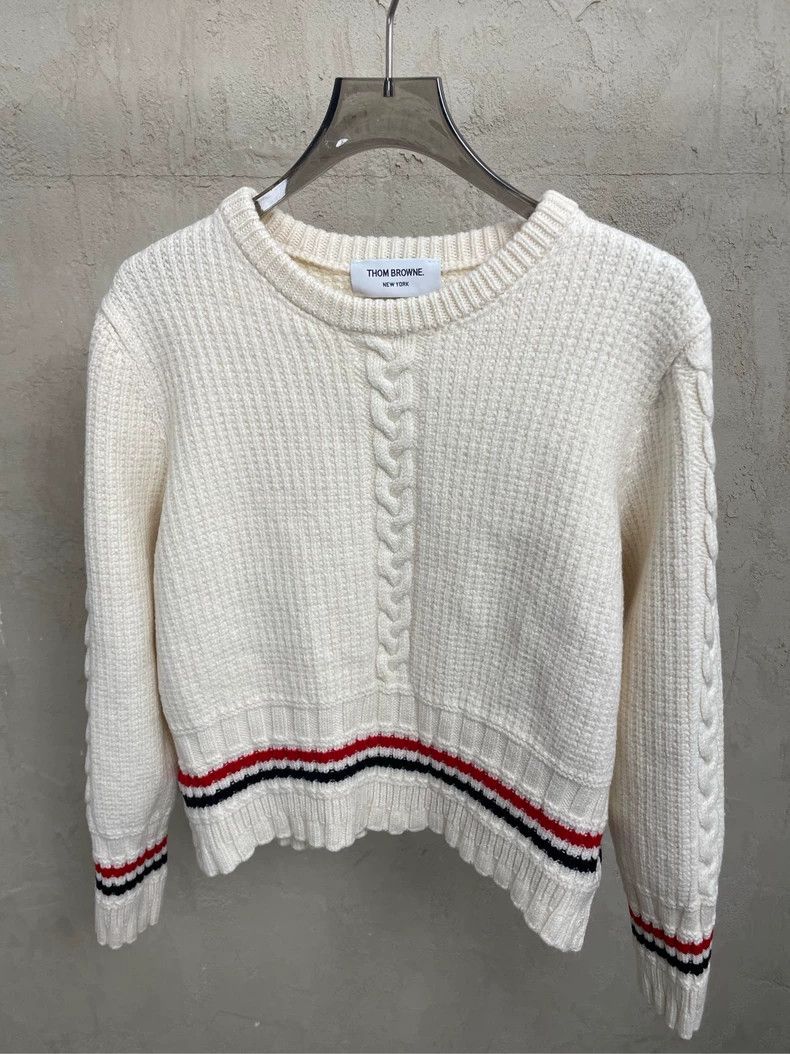 Thom Browne Thom browne Beige hem color stripe short round-neck wool sw Size US M / EU 48-50 / 2 - 3 Thumbnail
