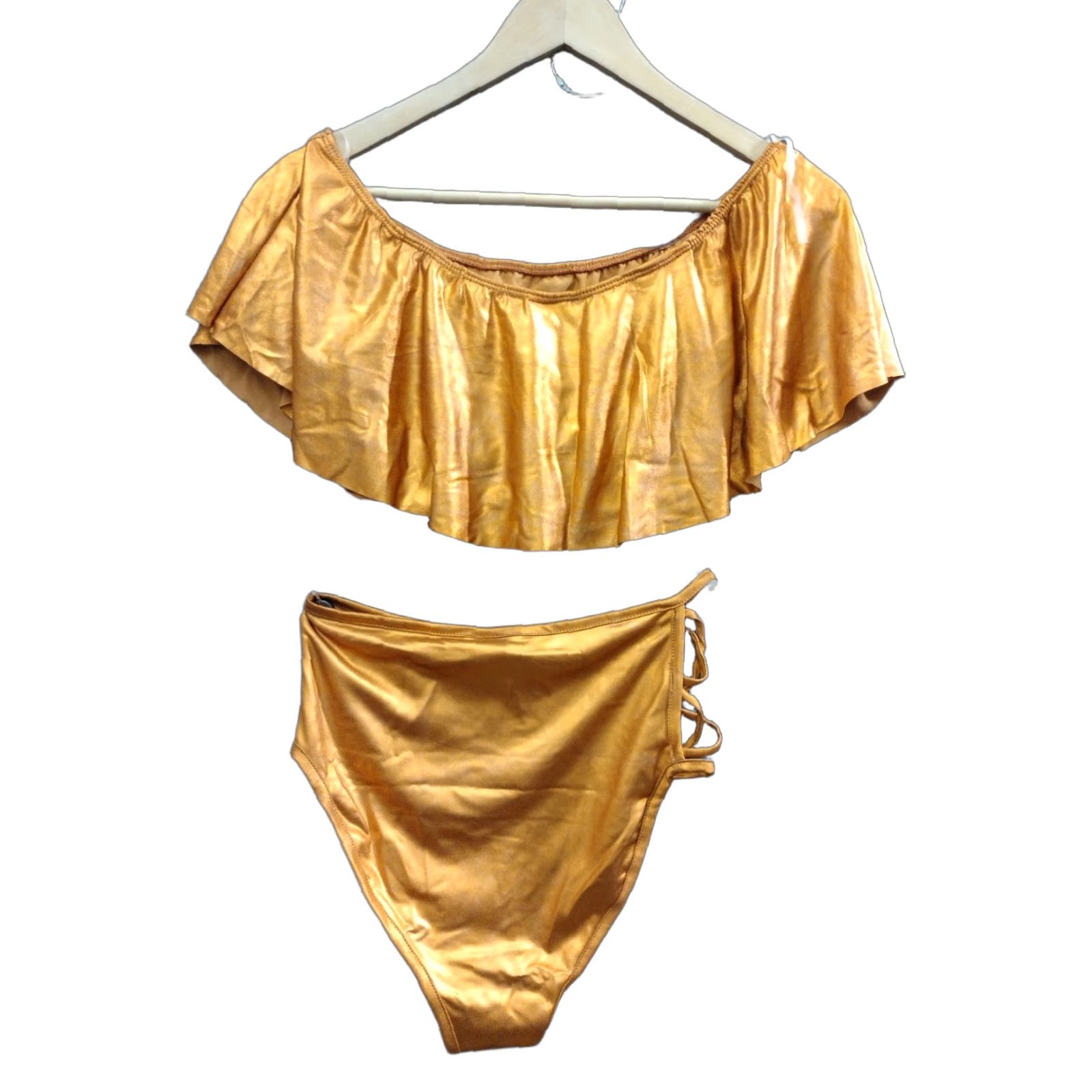 Vintage Codigo Gold Strappy 2 Piece Bathing Suit Bandeau Off Shoulder Ruffles Cheeky S Gold Womens Bikini Set Size S Size S / US 4 / IT 40 - 1 Thumbnail
