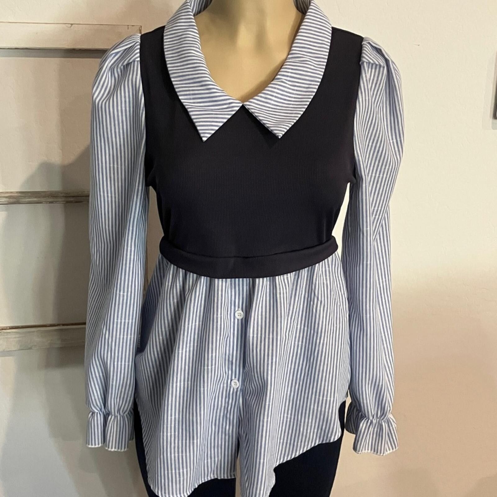 Unknown London Elegant Striped Women's Blouse with Blue Vest Overlay Size M / US 6-8 / IT 42-44 - 1 Thumbnail