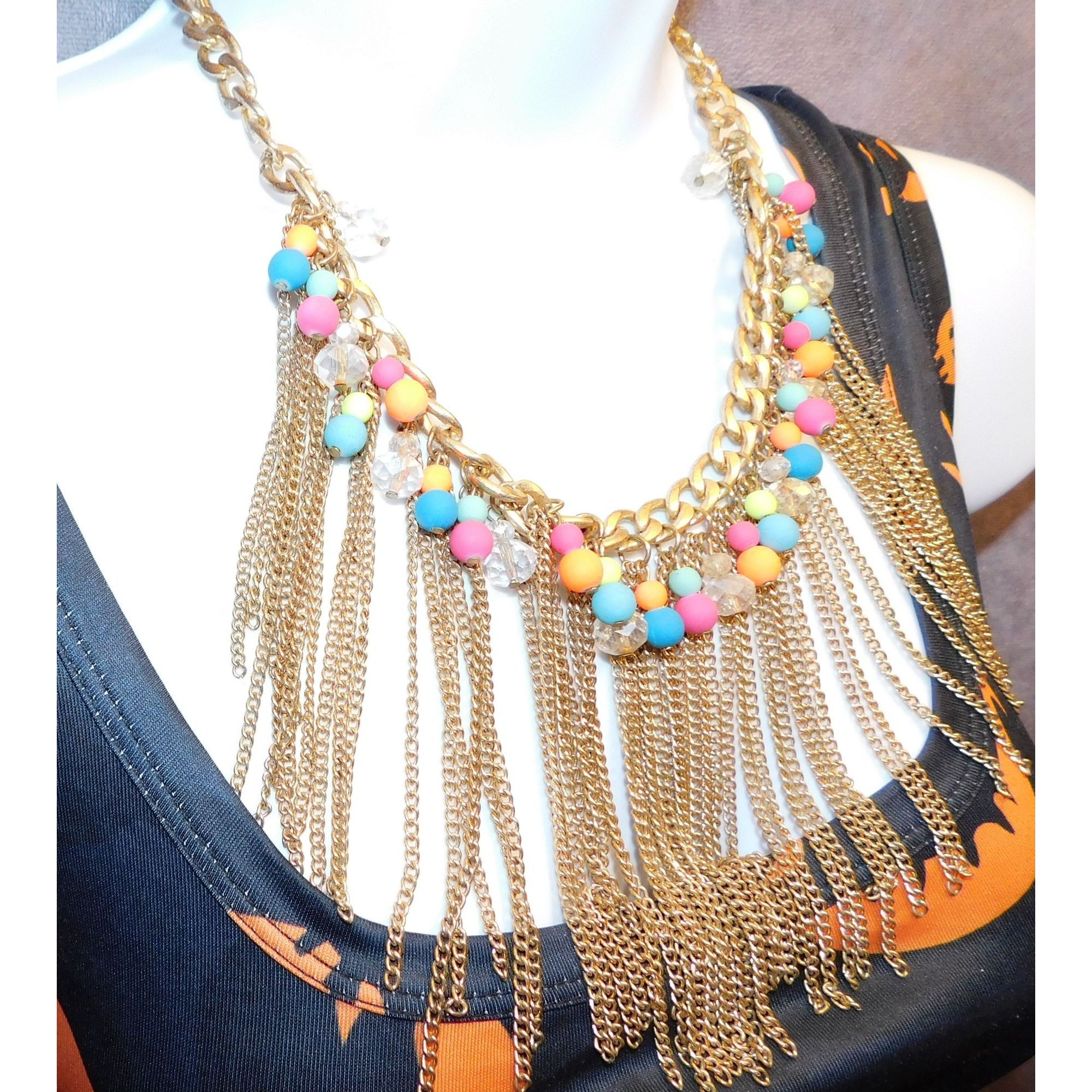Other Neon 80s Beaded Gold Tone Chain Fringe Necklace Size ONE SIZE - 4 Thumbnail