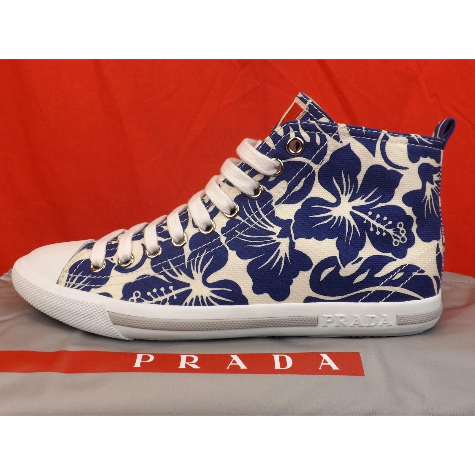 Prada PRADA 3T573 BLUE FLORAL DENIM LEATHER HIGH TOP SNEAKERS 35.5 Size US 5.5 / IT 35.5 - 2 Thumbnail