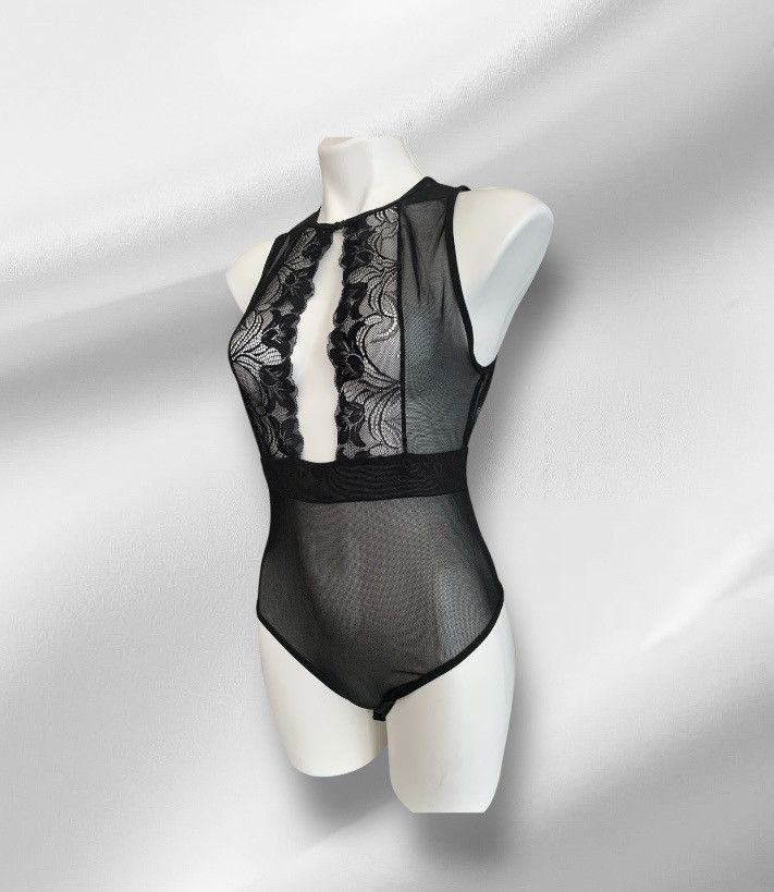 Designer NWT Black Mesh One Piece Bodysuit Lingerie Embroidered Lace Size M / US 6-8 / IT 42-44 - 3 Thumbnail