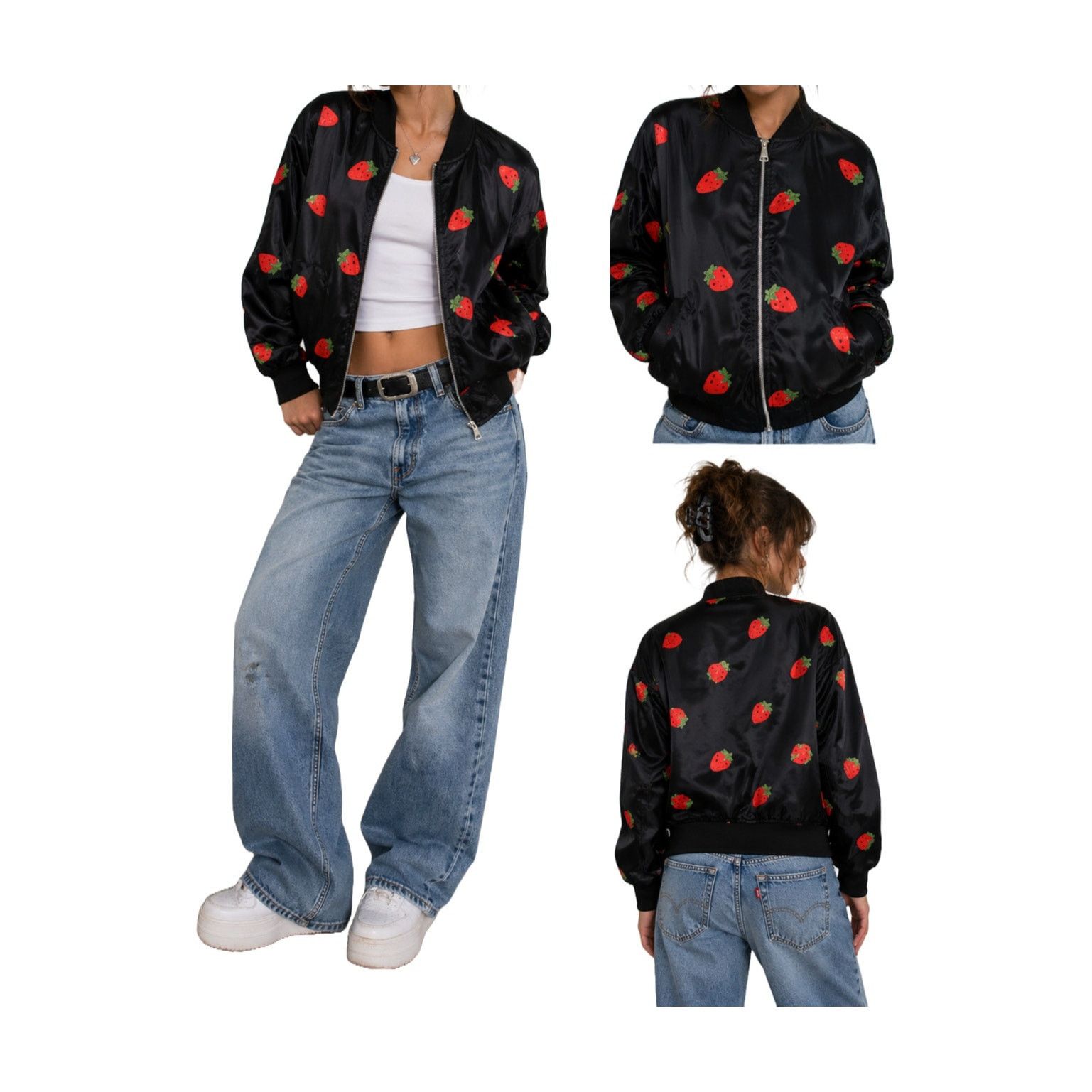 Other Strawberry Appliqué Black Bomber Jacket Lightweight Cropped Size S / US 4 / IT 40 - 4 Thumbnail