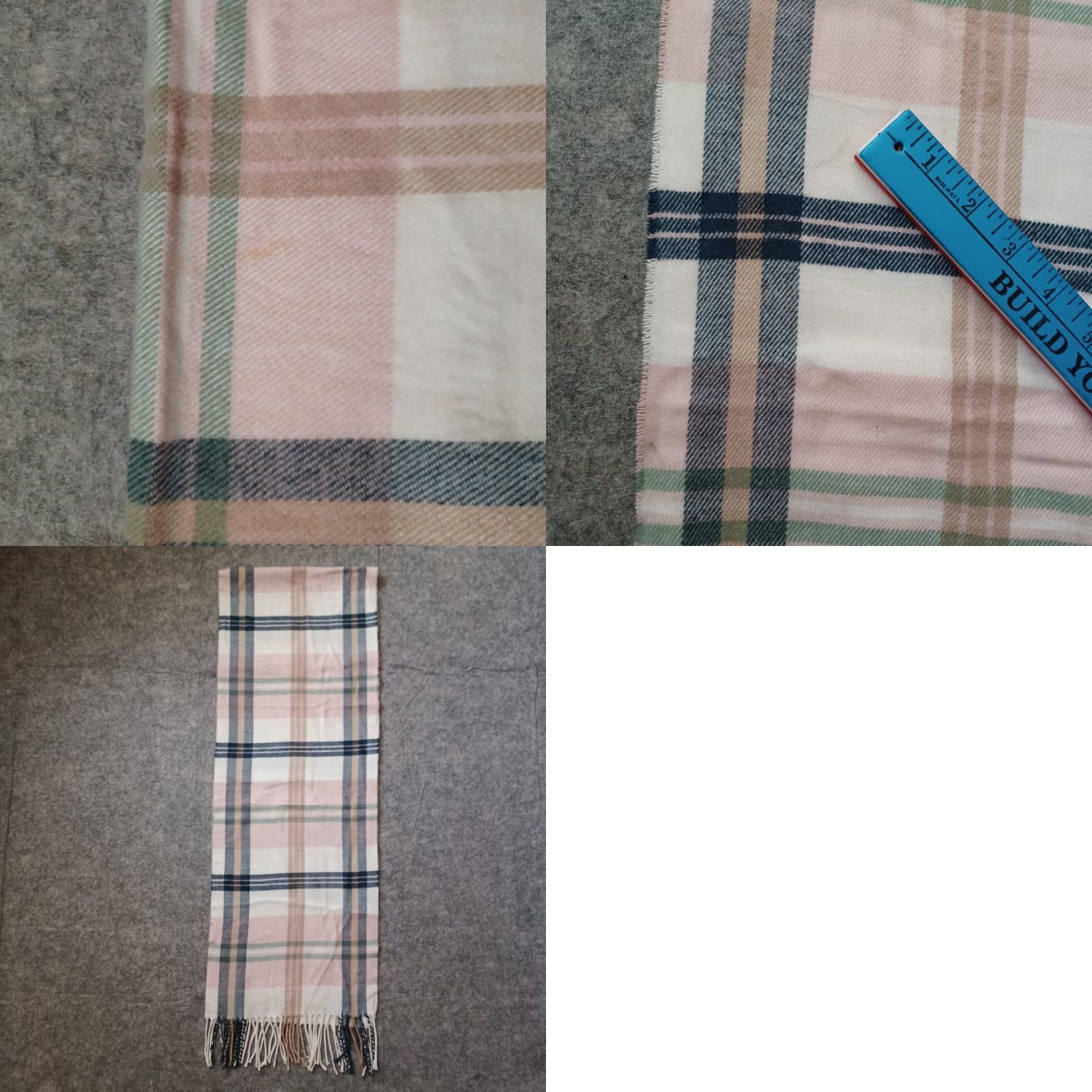 Vintage Italy Design Cashmere Feel Scarf Rectangle Pink Ivory Blue Plaid Fringe Winter Women Size ONE SIZE - 8 Thumbnail