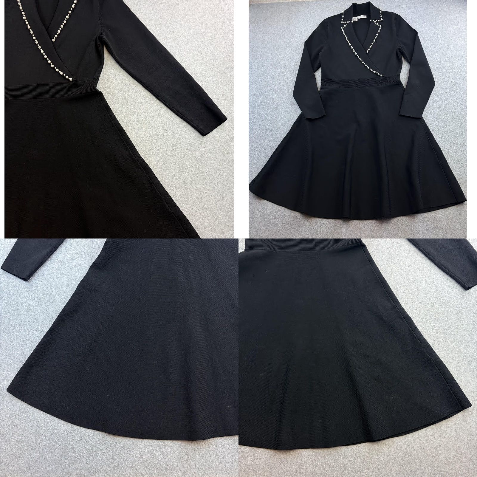Sandro Sandro Dress Womens 42 Black Knit Pearl Trim Collar Fit & Flare Long Sleeve Dress Size M / US 6-8 / IT 42-44 - 8 Thumbnail