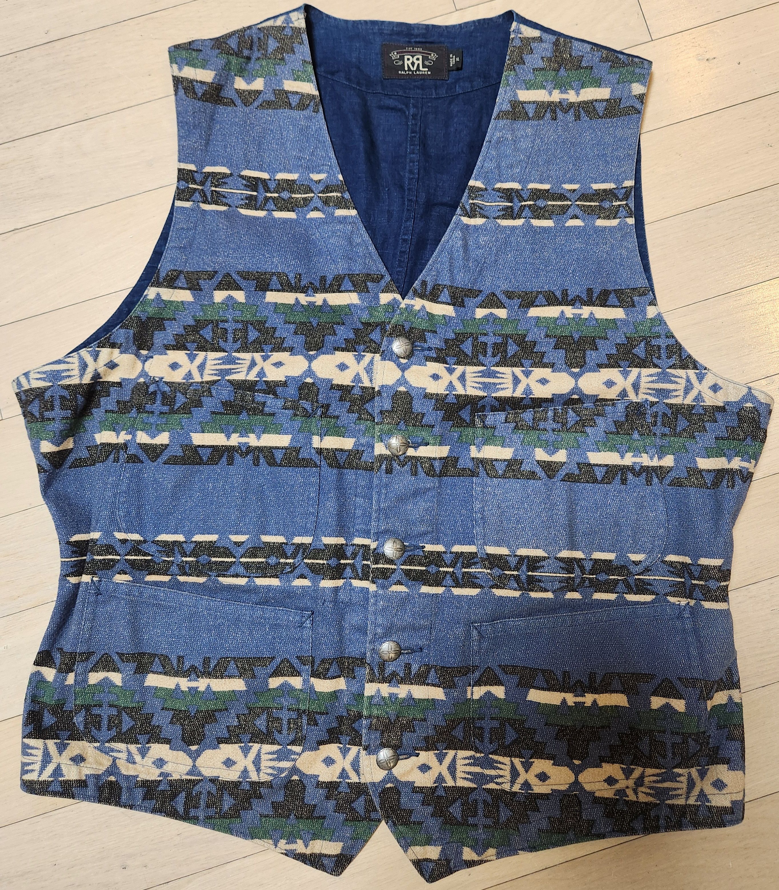 image of Rrl Ralph Laurent Indian Blanket Aztec Southwestern Vest $490 in Indigo, Men's (Size XL)