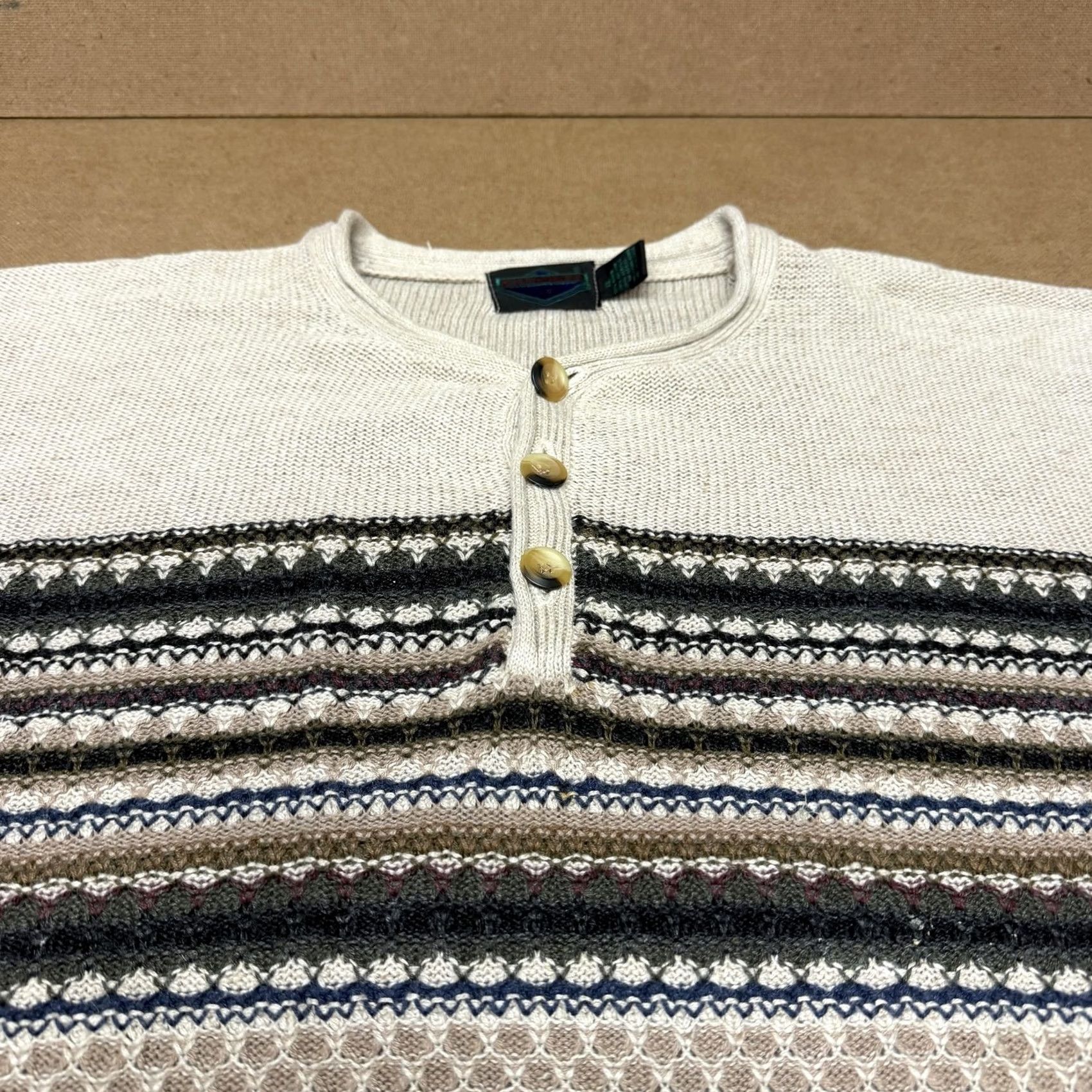 Vintage VINTAGE Etchings Sweater Mens XL Beige Pattern Knit Henley 90s Han Kung? Size US XL / EU 56 / 4 - 2 Thumbnail