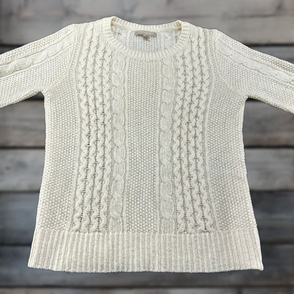 Banana Republic Sweater Womens Small Ivory Cable-Knit Wool Blend Pullover Crew Neck 80's 1/4 Zip Casual Pullover Womens in White