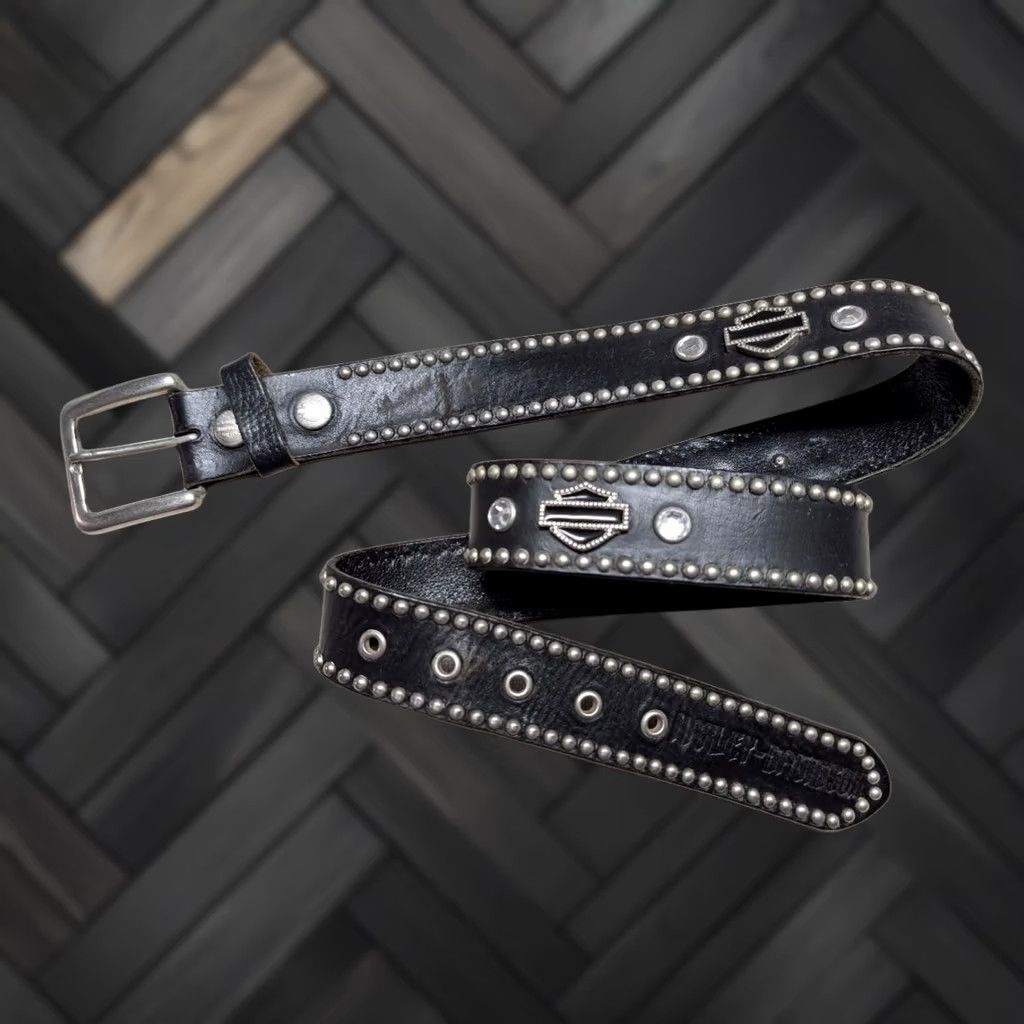 Harley Davidson VINTAGE Harley-Davidson belt Concho Western buckle belt Mens 38 Black Leather Studded belt western style Size 38 - 1 Thumbnail