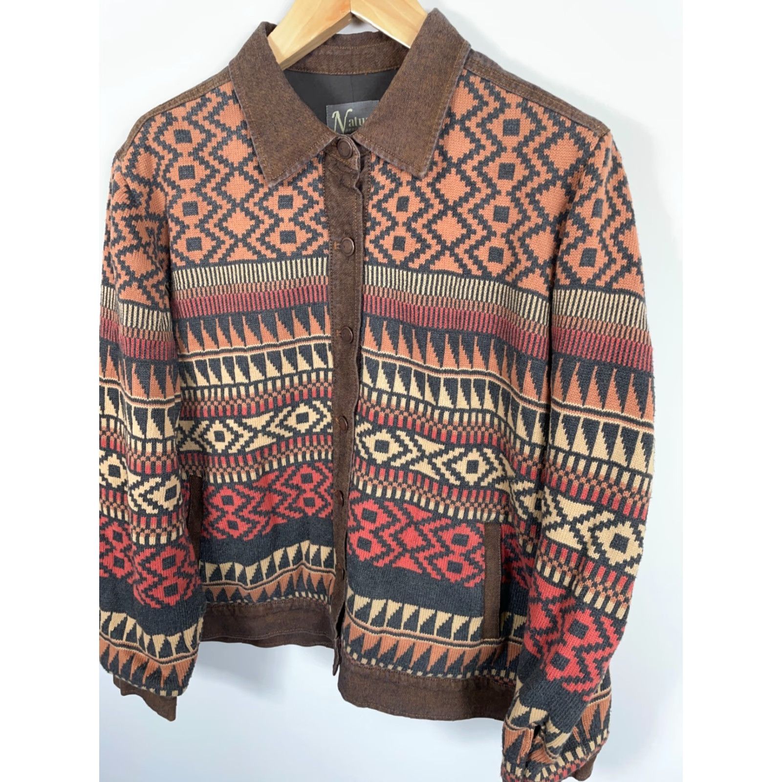 Vintage VINTAGE Natural Reflections Knit Jacket Womens 1X Geometric Tribal Bass Pro Shop Aztec Brown Knit Pattern Southwestern Tribal Jacket Womens 1X Mens? Size XL / US 12-14 / IT 48-50 - 4 Thumbnail