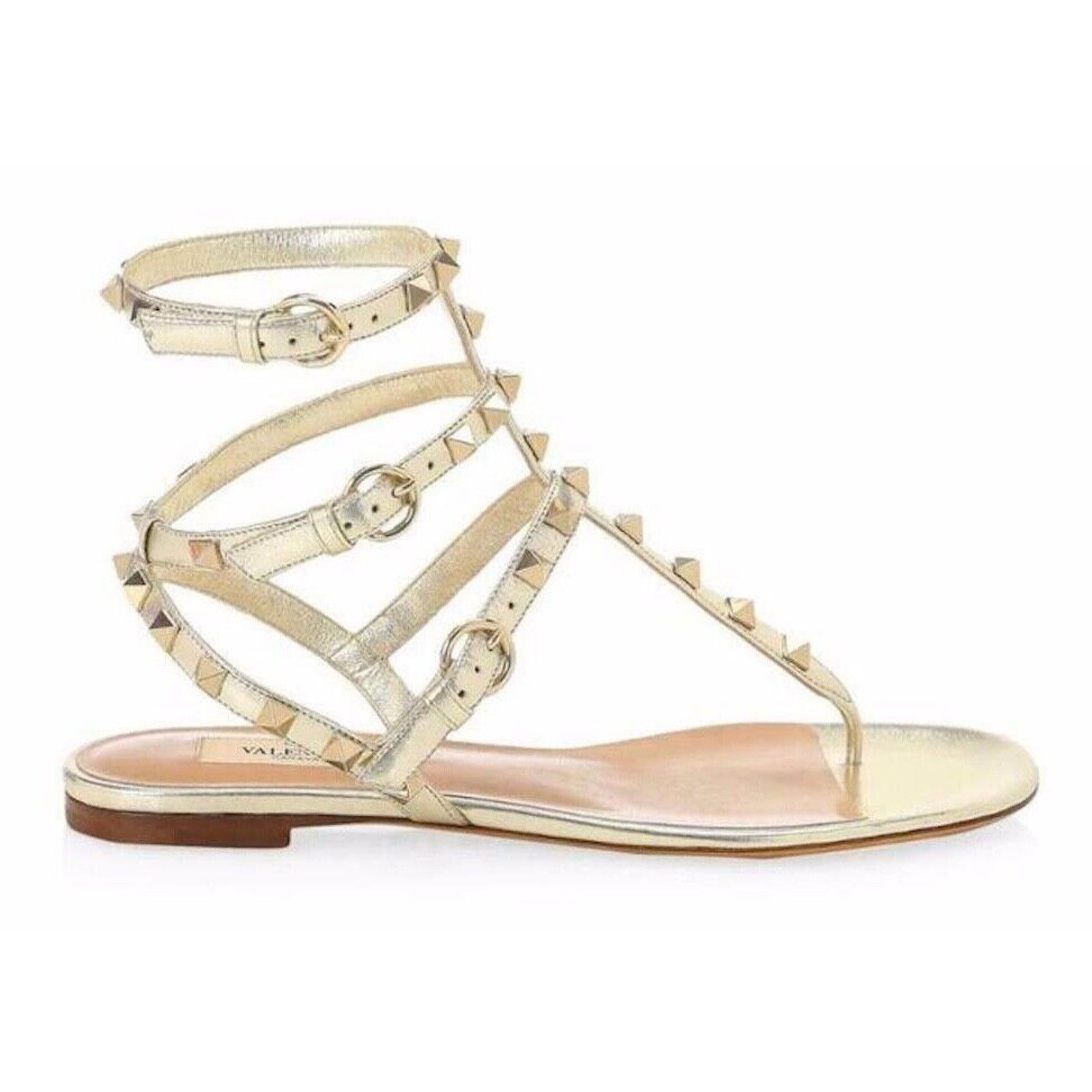 Valentino Valentino Rockstud P18 Gold Leather Triple Ankle Strap Size US 5 / IT 35 - 1 Thumbnail