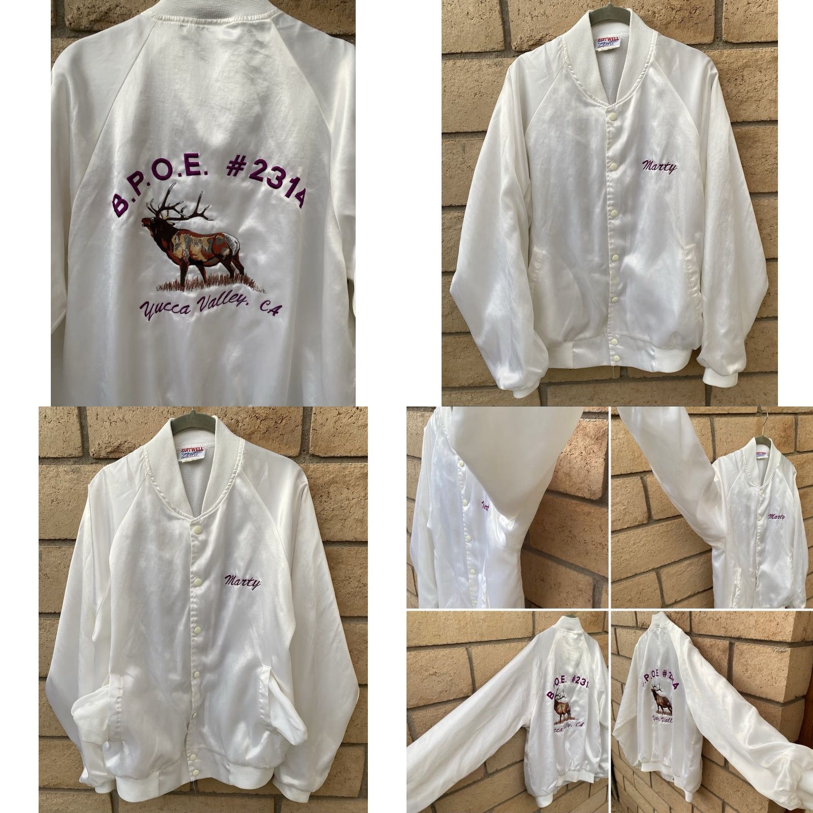 Vintage VINTAGE Hartwell Sports Jacket Elks Bomber Satin Satin Jacket White USA Large L Men Stand-Up Collar Embroidered Yucca Valley CA Elk Sports Vintage Size US L / EU 52-54 / 3 - 8 Thumbnail