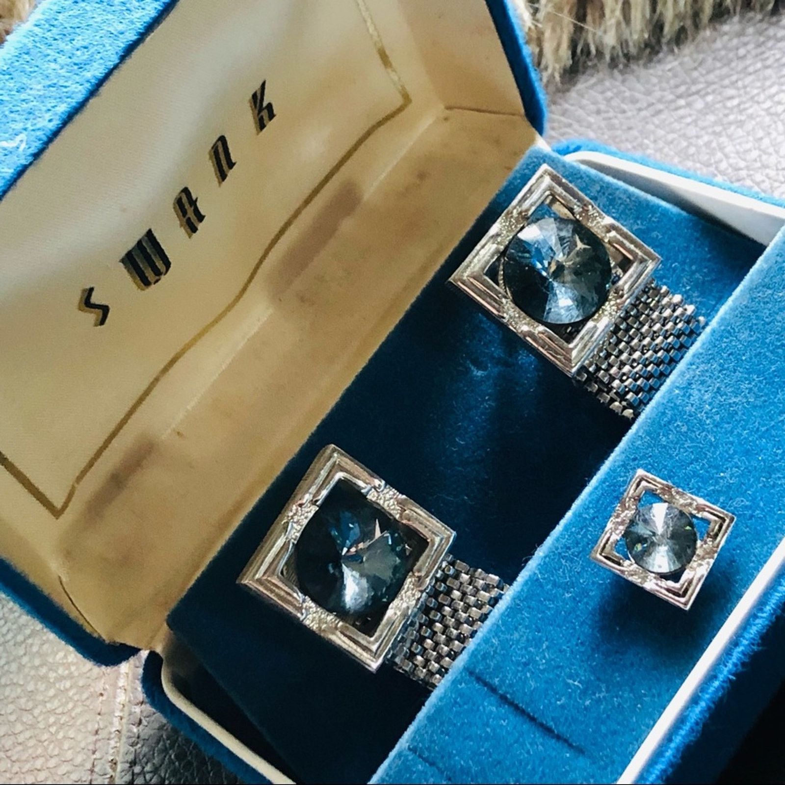 Vintage Vintage Swank blue rivoli cuff links tie clip boxed set Size ONE SIZE - 2 Thumbnail