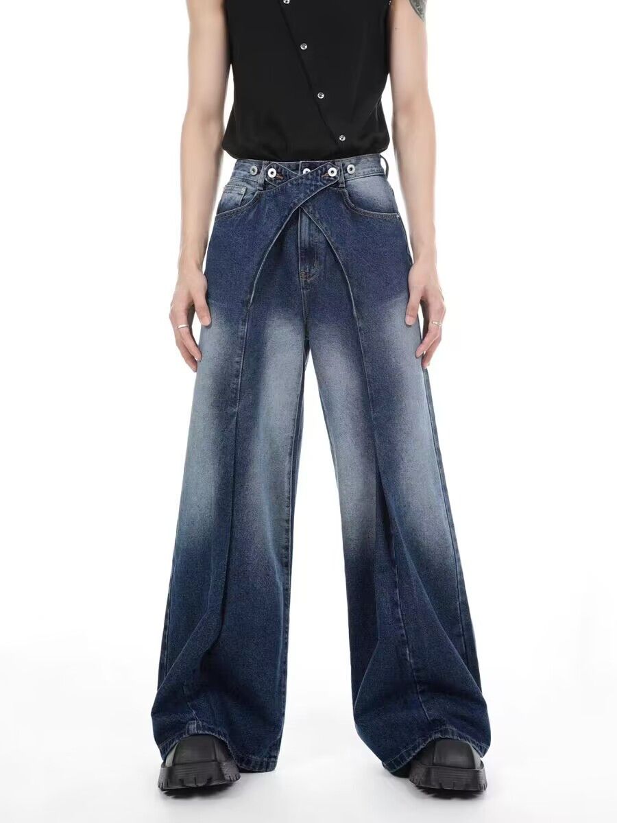 Vintage washed distressed paneled wide-leg jeans