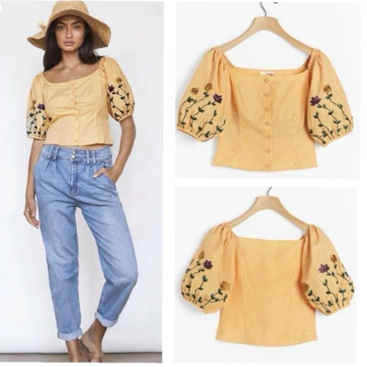 Anthropologie Anthropologie Samant Chauhan Amabella Floral Embroidered Blouse Top M Yellow Puff Sleeve Women Shirt Size M / US 6-8 / IT 42-44 - 4 Thumbnail