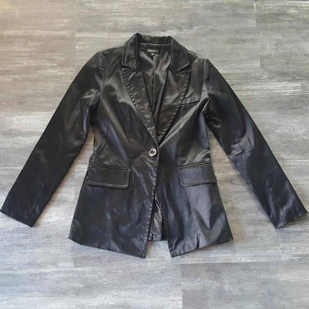 Designer Black Satin Nikibiki Business Blazer Long Sleeve Size S / US 4 / IT 40 - 1 Thumbnail