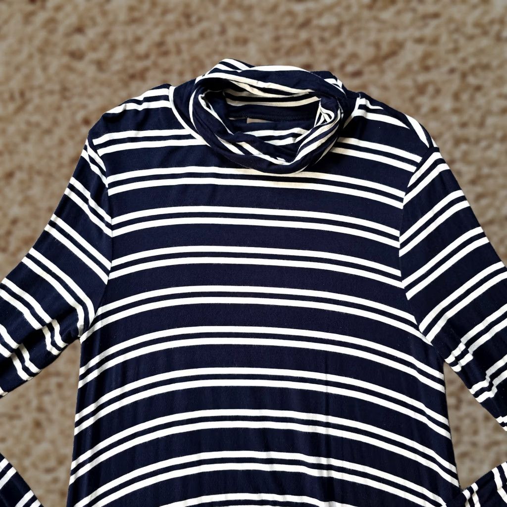 Anthropologie Maeve Anthropologie Dress Womens Size L Blue White Striped Turtleneck Casual Knit Knee Length Long Sleeve Pullover Machine Washable Regular Women Size L / US 10 / IT 46 - 1 Thumbnail
