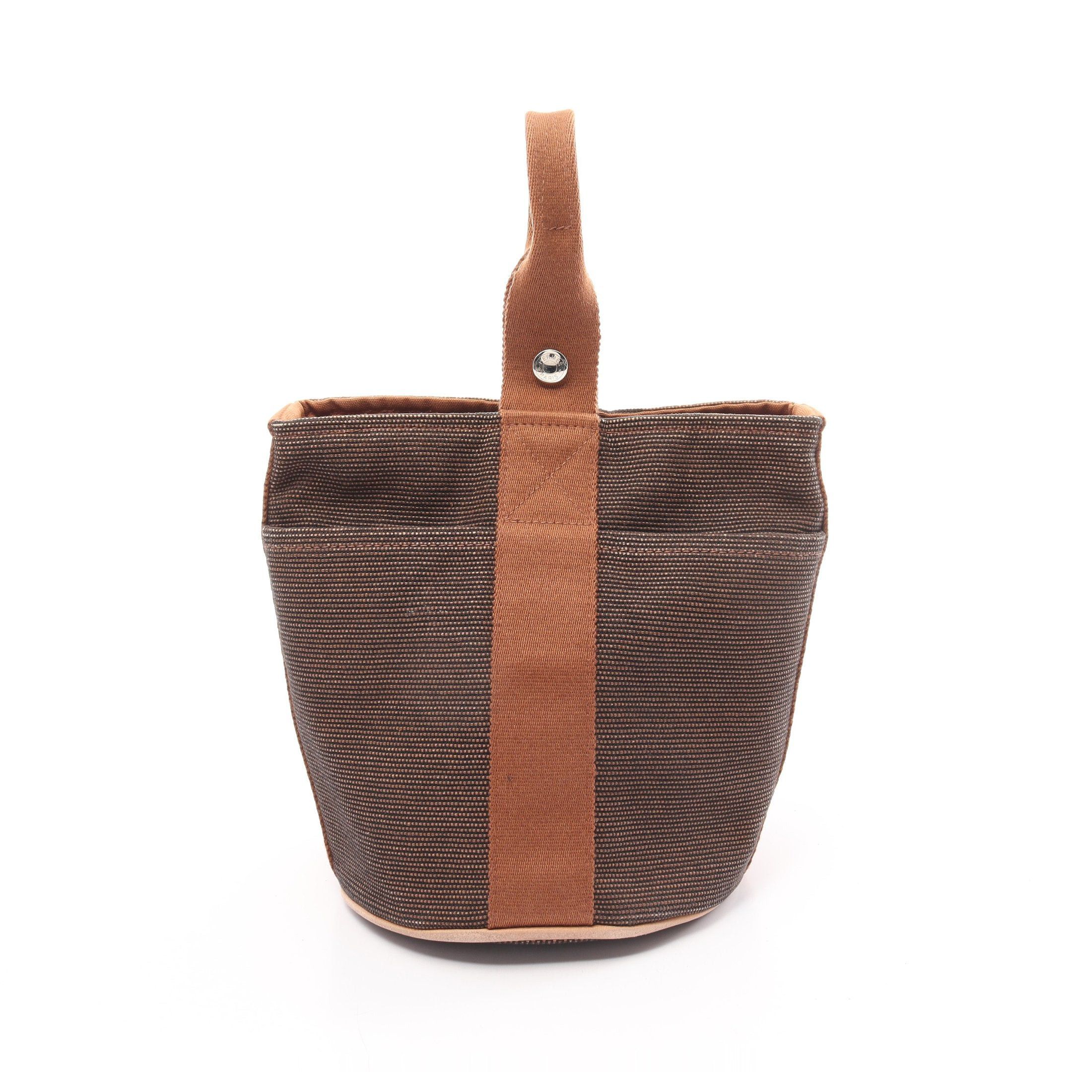 image of Hermes Saxo Pm Handbag Canvas Leather Brown Silver Hardware, Women's
