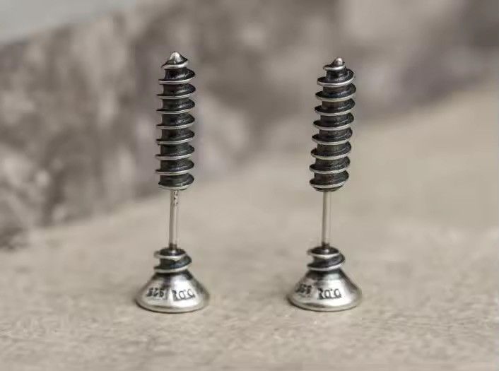 Sterling Silver 925 Sterling Silver Punk Hiphop Style Screw Stud Earrings Size ONE SIZE - 3 Thumbnail