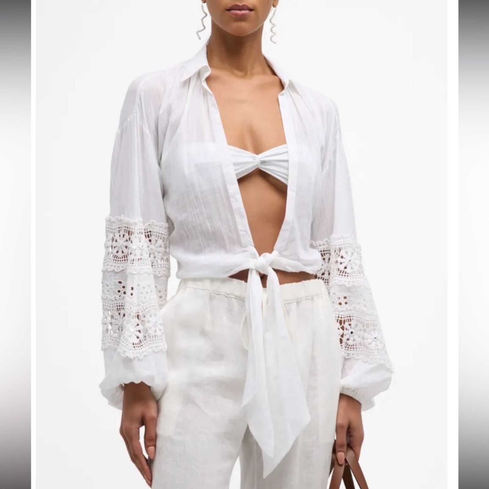 Ramy Brook NWT Ramy Brook $265 White Crochet Sleeve Shirt Size Small Size S / US 4 / IT 40 - 1 Thumbnail
