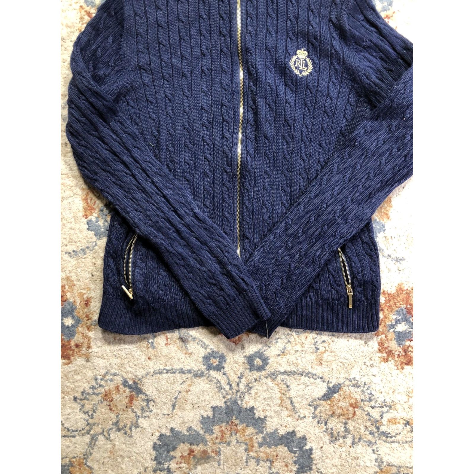 Ralph Lauren VINTAGE? No. Lauren Ralph Lauren Sweater Womens M Navy Cable Knit Full Zip RL Crest Size M / US 6-8 / IT 42-44 - 5 Thumbnail