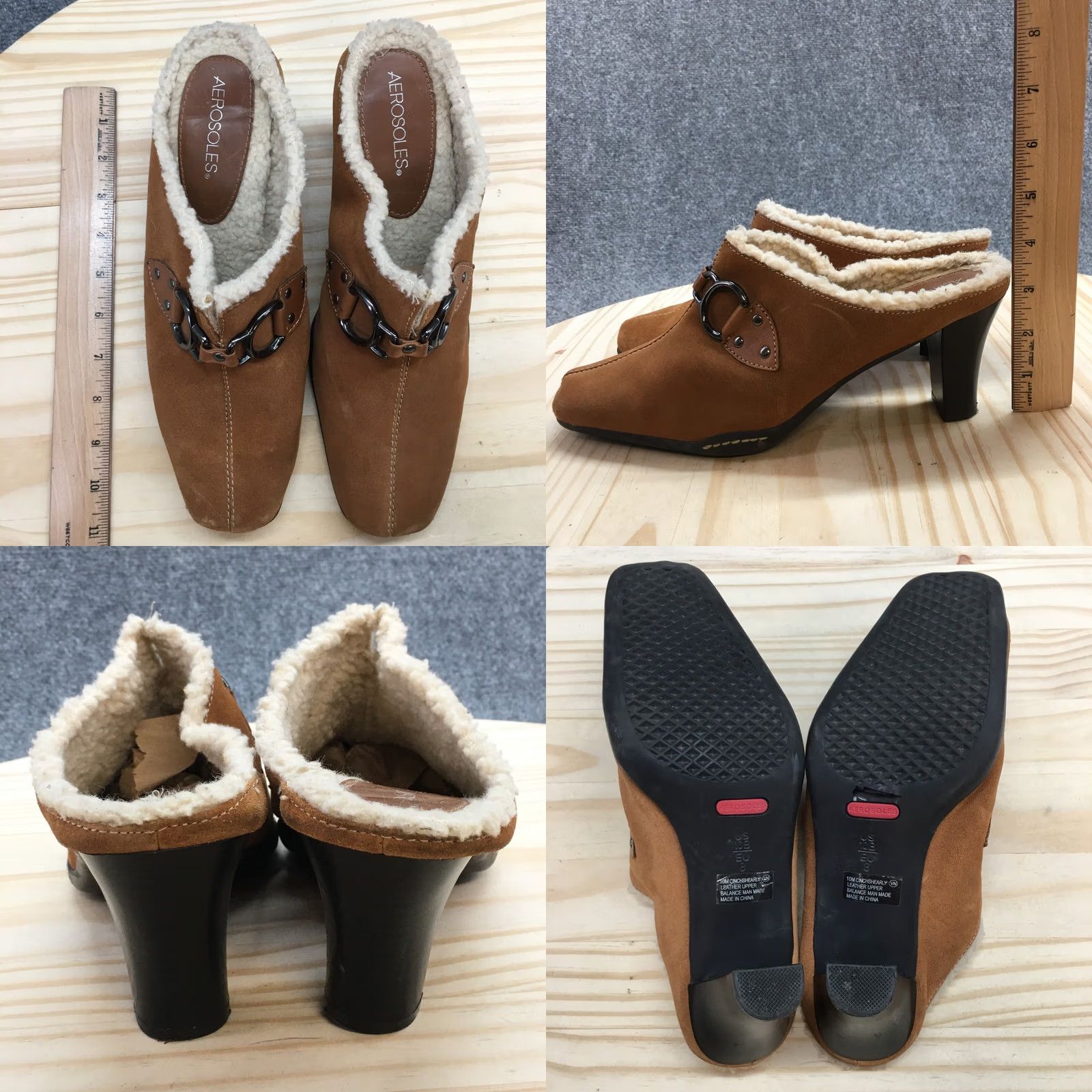 Vintage Aerosoles Heels Womens 10 B Cinch Shearly Mules Brown Leather Slip On Heels Block Fur Trim Size US 10 / IT 40 - 8 Thumbnail