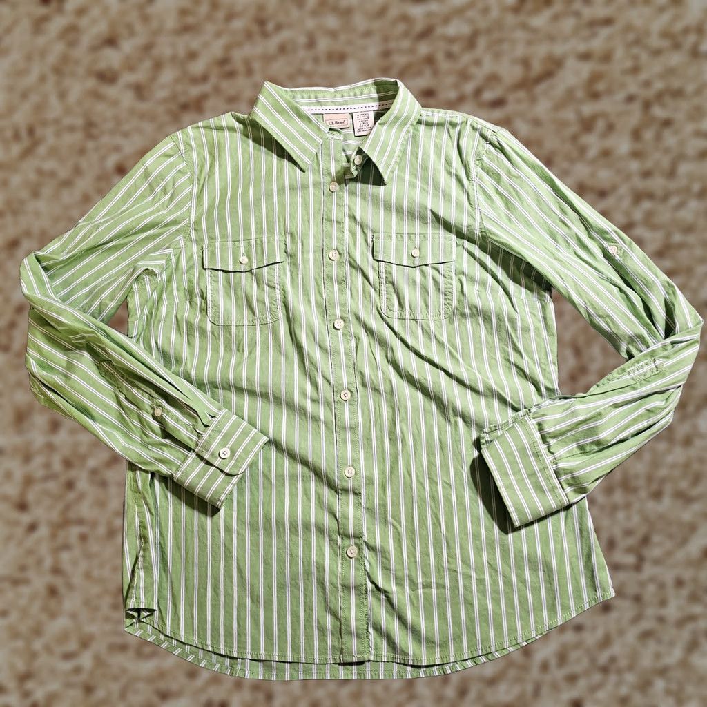 Vintage L.L. Bean Shirt Womens Large Green White Striped Button Long Sleeve Career Size L / US 10 / IT 46 - 1 Thumbnail