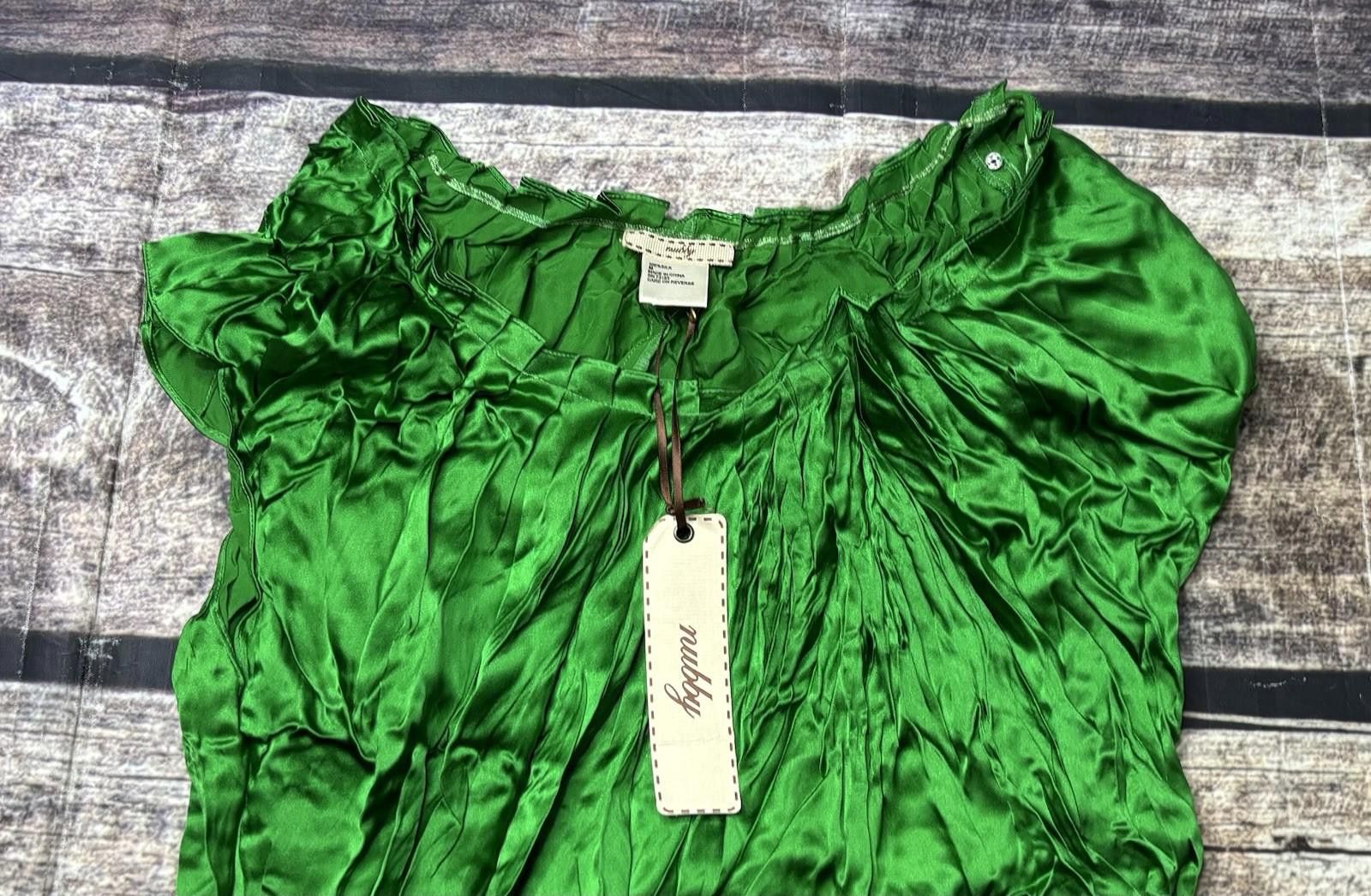 Other Nubby Silk Top Women's Medium Satin Green Puff Sleeve Ruffle Size M / US 6-8 / IT 42-44 - 4 Thumbnail