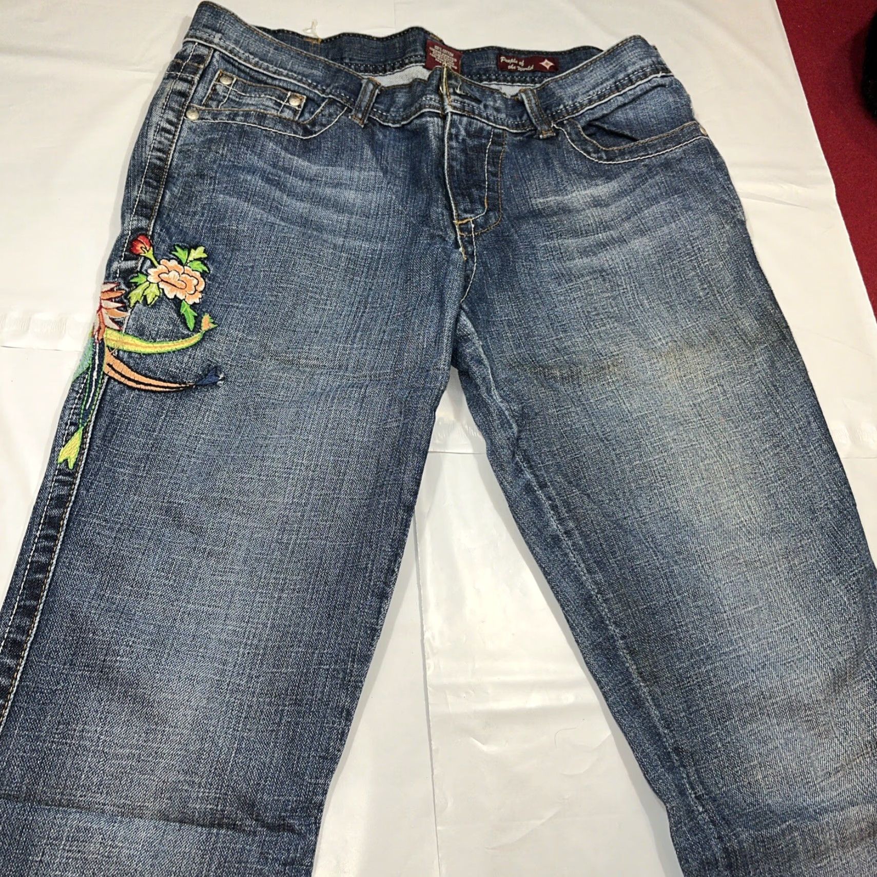 Vintage VINTAGE People of the World Jeans Low Rise 31 BLUE Embroidered Tropical Bird Peacock Flowers 5-Pocket Womens Boots Cut Inseam 34(Size 31) Size 24" / US 00 / IT 34 - 5 Thumbnail