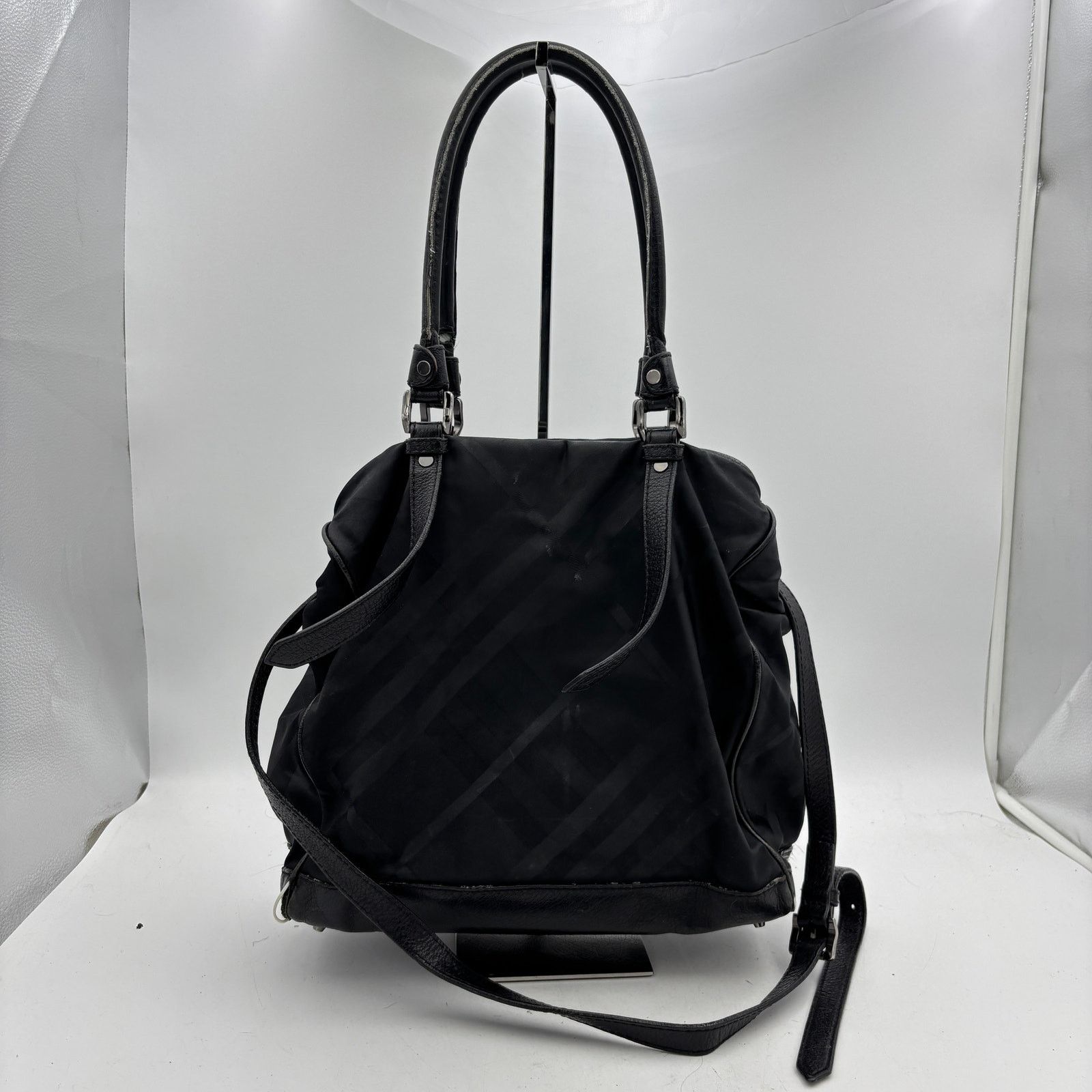 Burberry Burberry Black Tonal Check Nylon Leather Tote Bag Size ONE SIZE - 6 Thumbnail