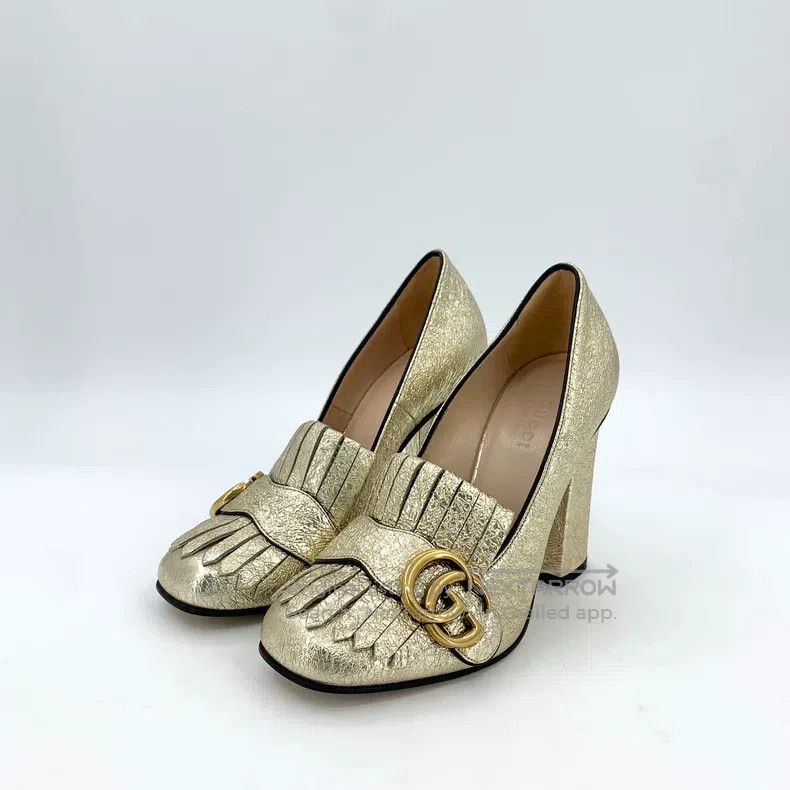 Gucci Gucci Gold logo fine glitter thick high heels Mary Jane sh Size US 4.5 / IT 34.5 - 1 Thumbnail
