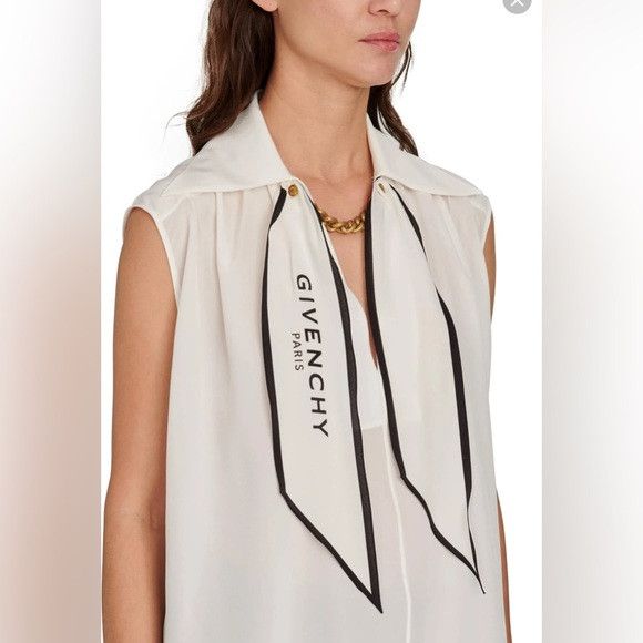 Givenchy GIVENCHY white silk logo scarf collared sleeveless blouse 10 Size L / US 10 / IT 46 - 2 Thumbnail