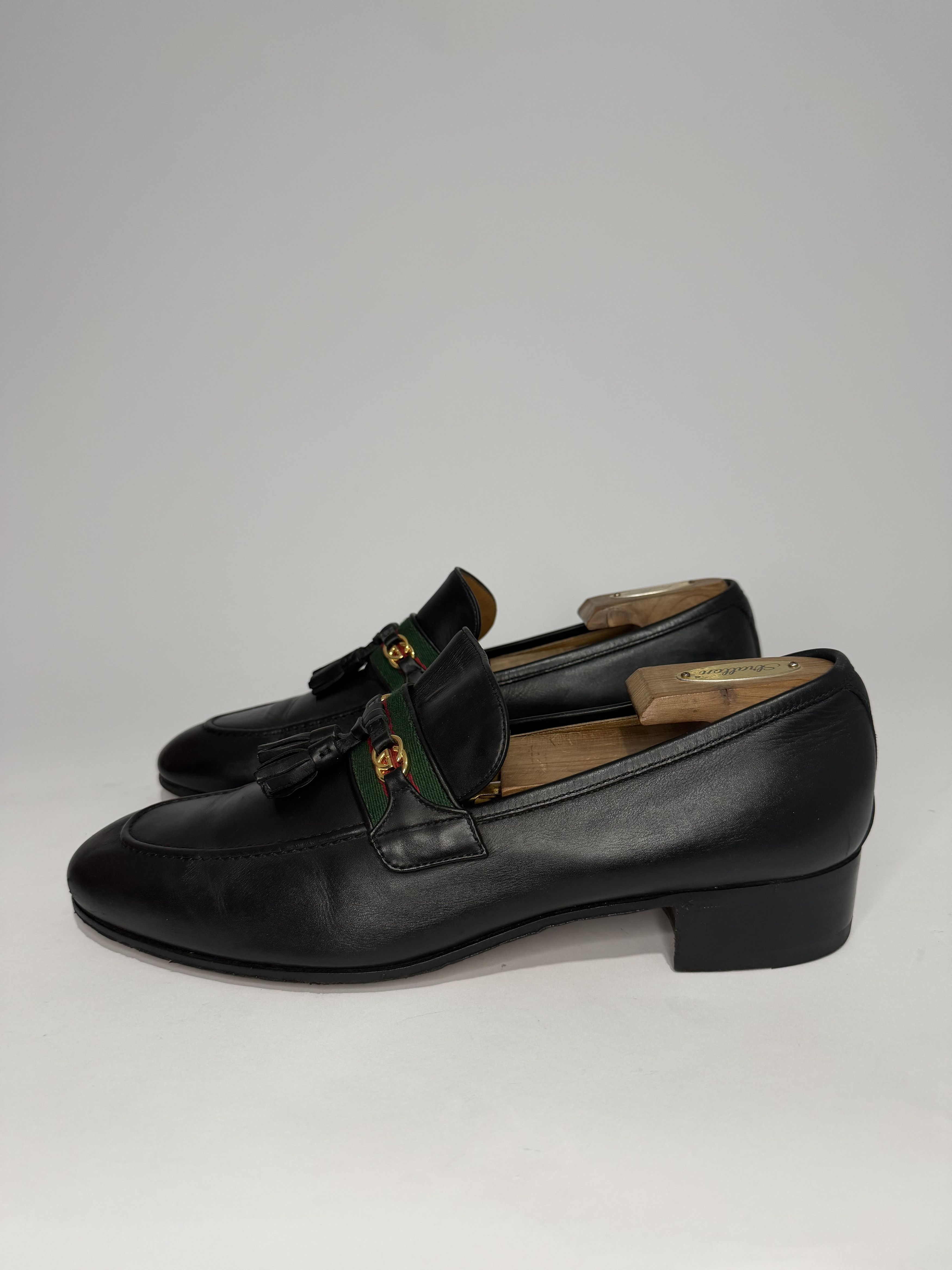 Gucci Gucci Black Leather Web GG Detailed Tassel Loafers Size US 10 / EU 43 - 1 Thumbnail