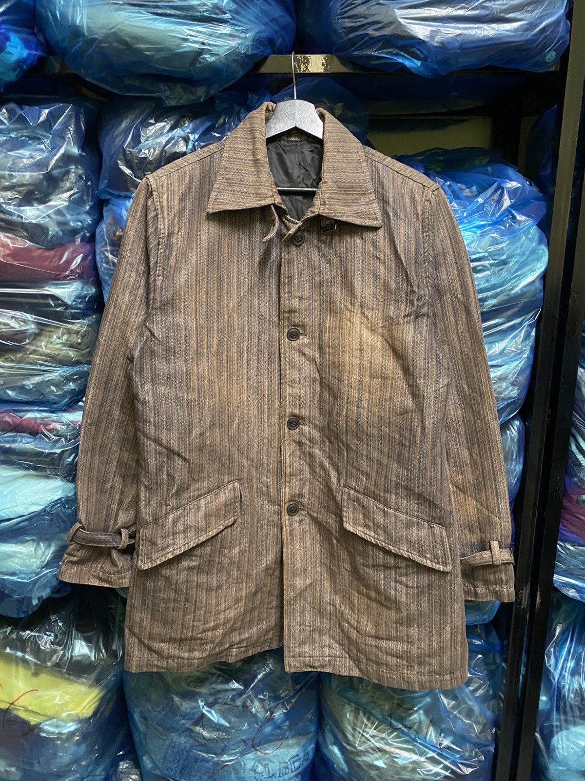Japanese Brand PLACE PLAN Tokyo Brown Striped Cotton Blend Trench Coat Size US L / EU 52-54 / 3 - 3 Thumbnail