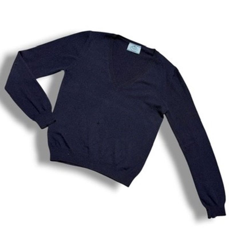 Prada V Neck Pullover Sweater Cashmere Navy Blue Damaged, Women's