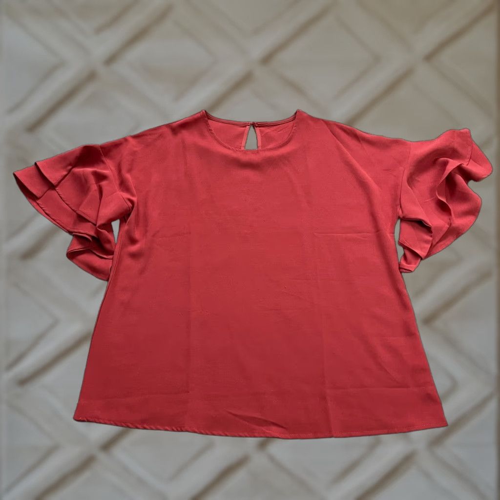 Bell Unbranded Blouse XL Womens Solid Red Ruffle Bell Sleeve Round Neck Casual Size XL / US 12-14 / IT 48-50 - 1 Thumbnail