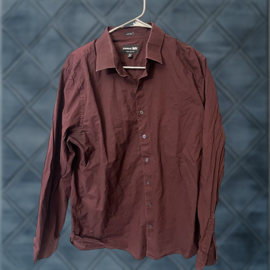 Express Express Dress Shirt Mens XL Burgundy Solid 100% Cotton Slim Button Collar Long Sleeve} Size 46R - 1 Thumbnail