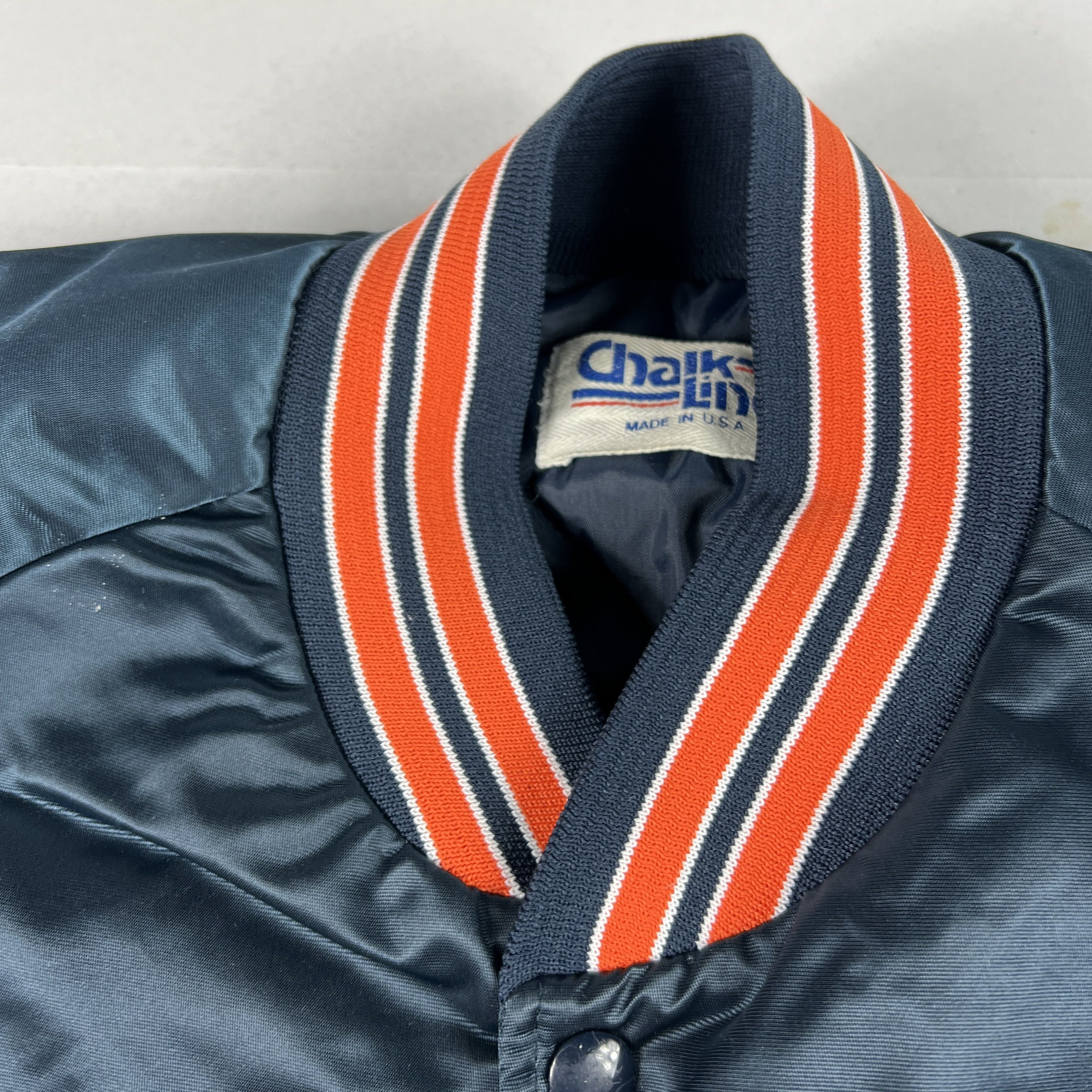 Chalk Line VTG 90 Chicago Bears Satin Jacket Blue Snap Button Bomber Size US XL / EU 56 / 4 - 9 Thumbnail
