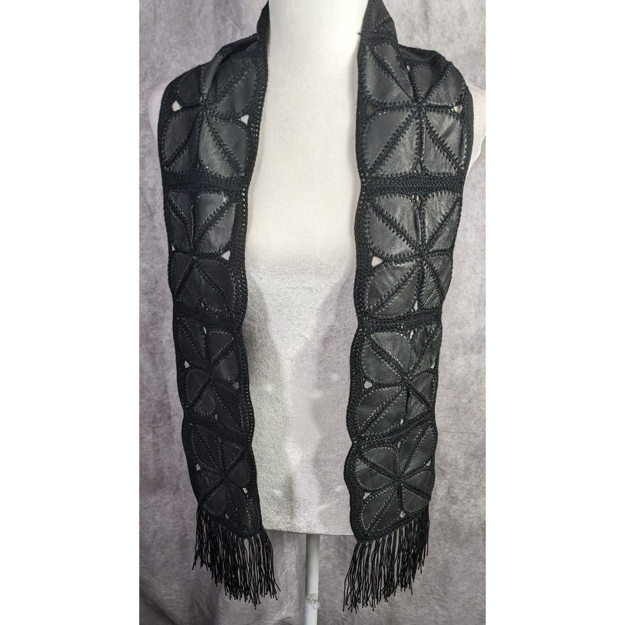 Other Vintage Bohemian Leather & Crochet Patchwork Scarf With Frin Size ONE SIZE - 7 Thumbnail
