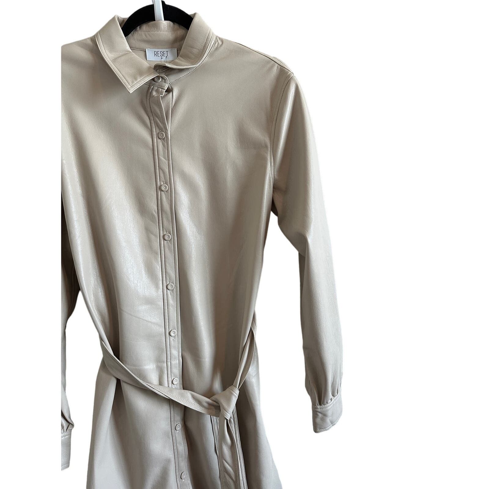 Other Reset Medium Cream Faux Leather Button Down Tie Waist Dress Size M / US 6-8 / IT 42-44 - 6 Thumbnail