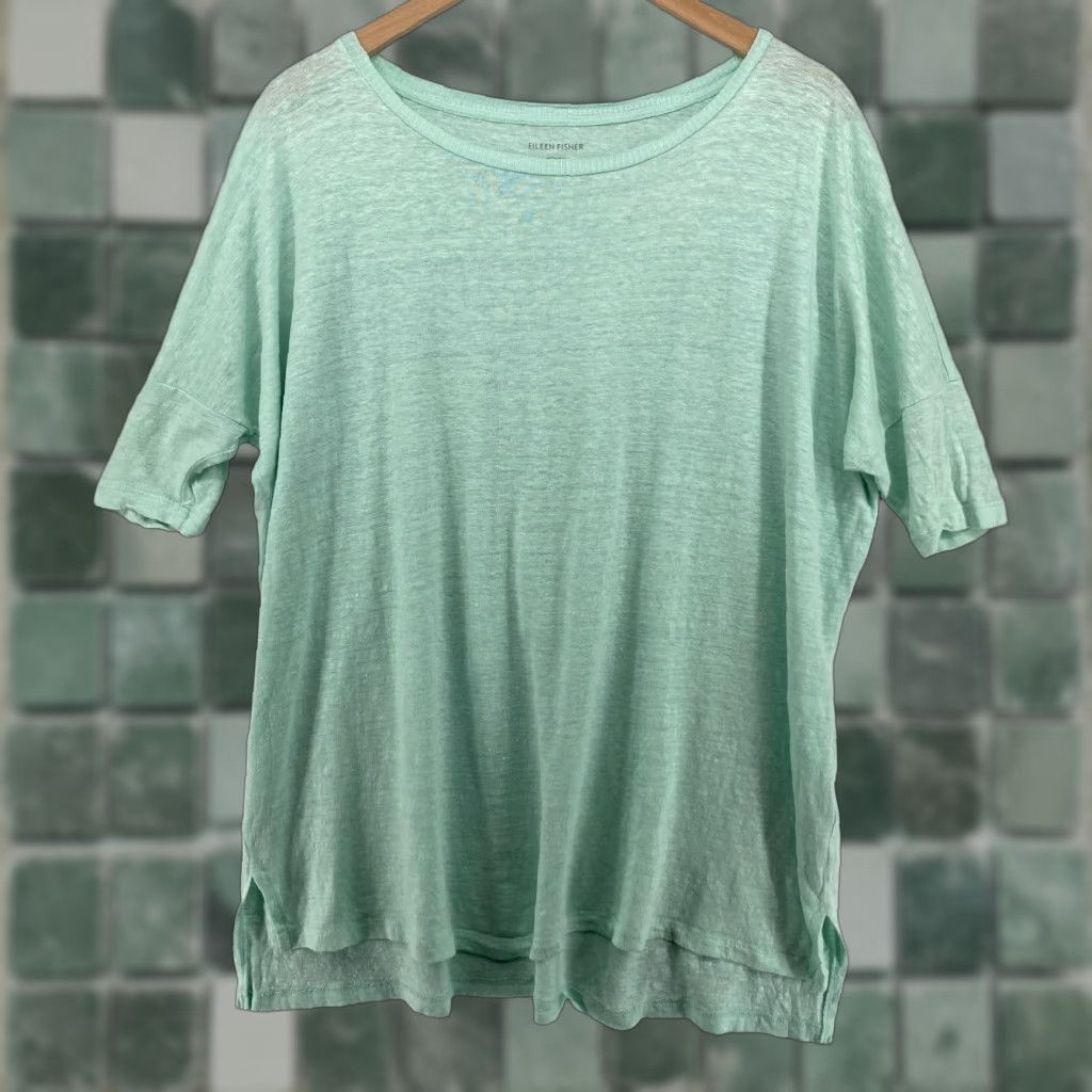 EILEEN FISHER Tunic 2XS Organic Linen Slub Jersey Oversized Dolman Sleeve Green Shirt Women 2XS Tunic Bohemian Retro Style