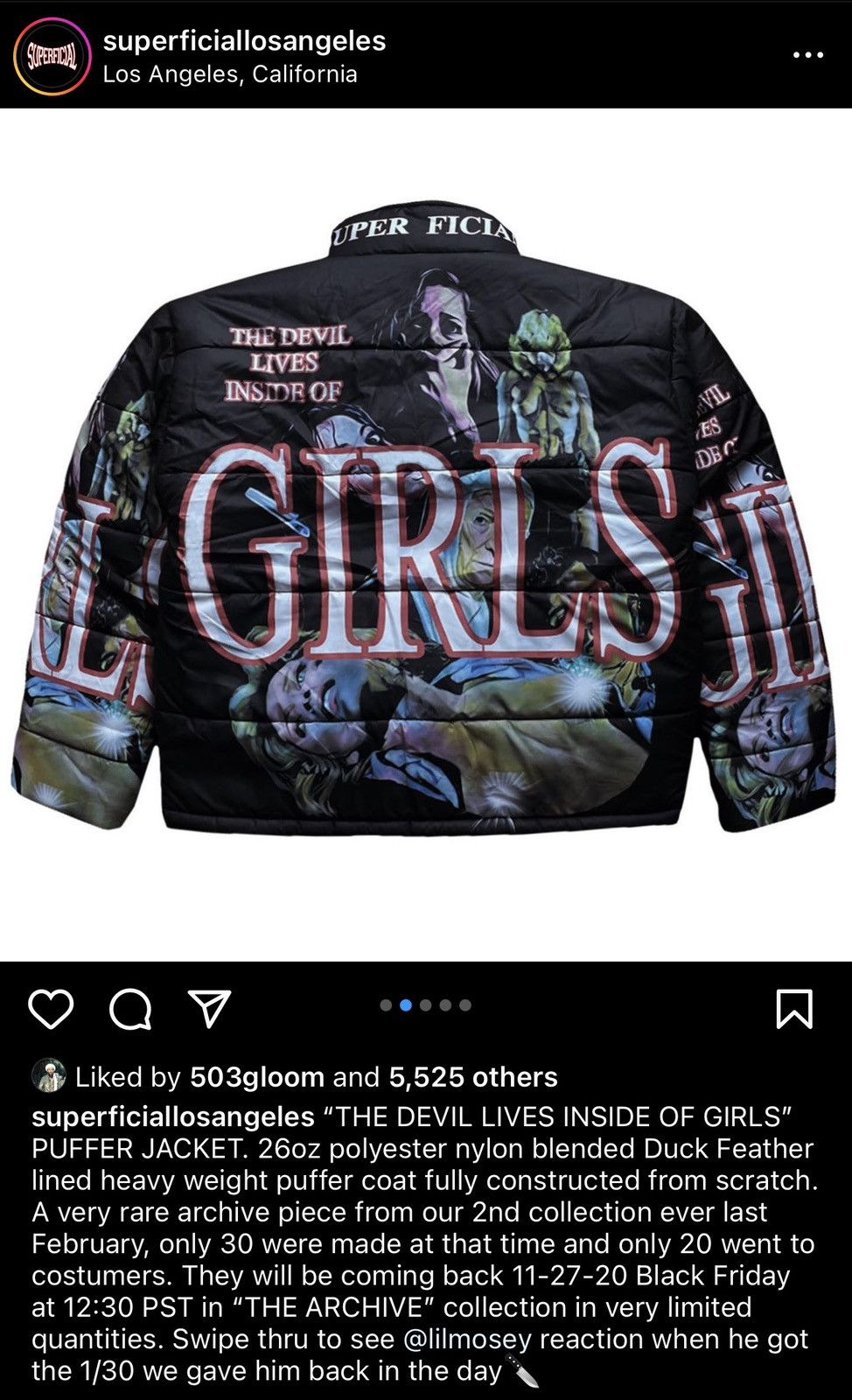 SUPERFICIAL “the devil lives inside of girls” puffer jacket