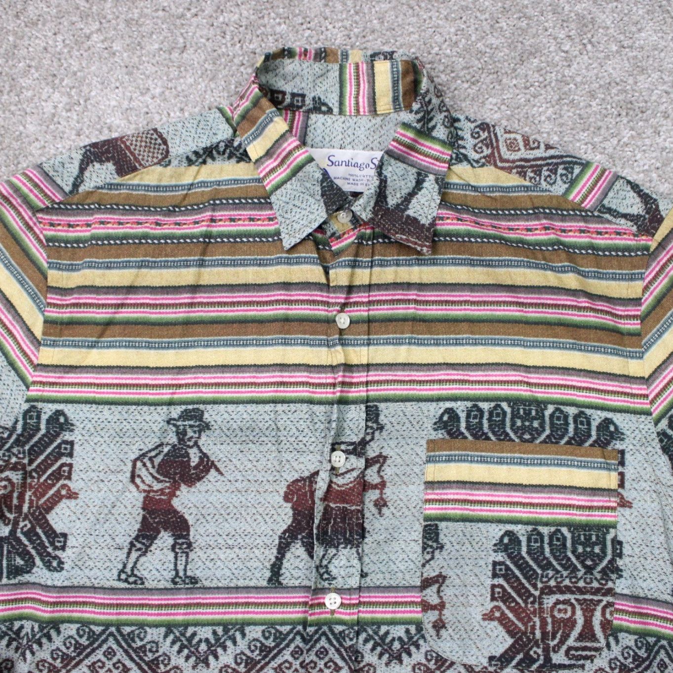 Vintage VTG Gitman Santiago Shirt Mens Small Green/Pink/Yellow Southwestern S/S Button Up Shirt Size US S / EU 44-46 / 1 - 6 Thumbnail