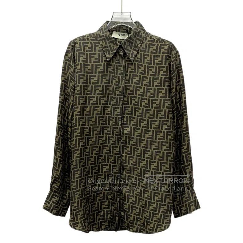Fendi Fendi Dark brown logo letter all-over print silk collar si Size XS / US 0-2 / IT 36-38 - 1 Thumbnail