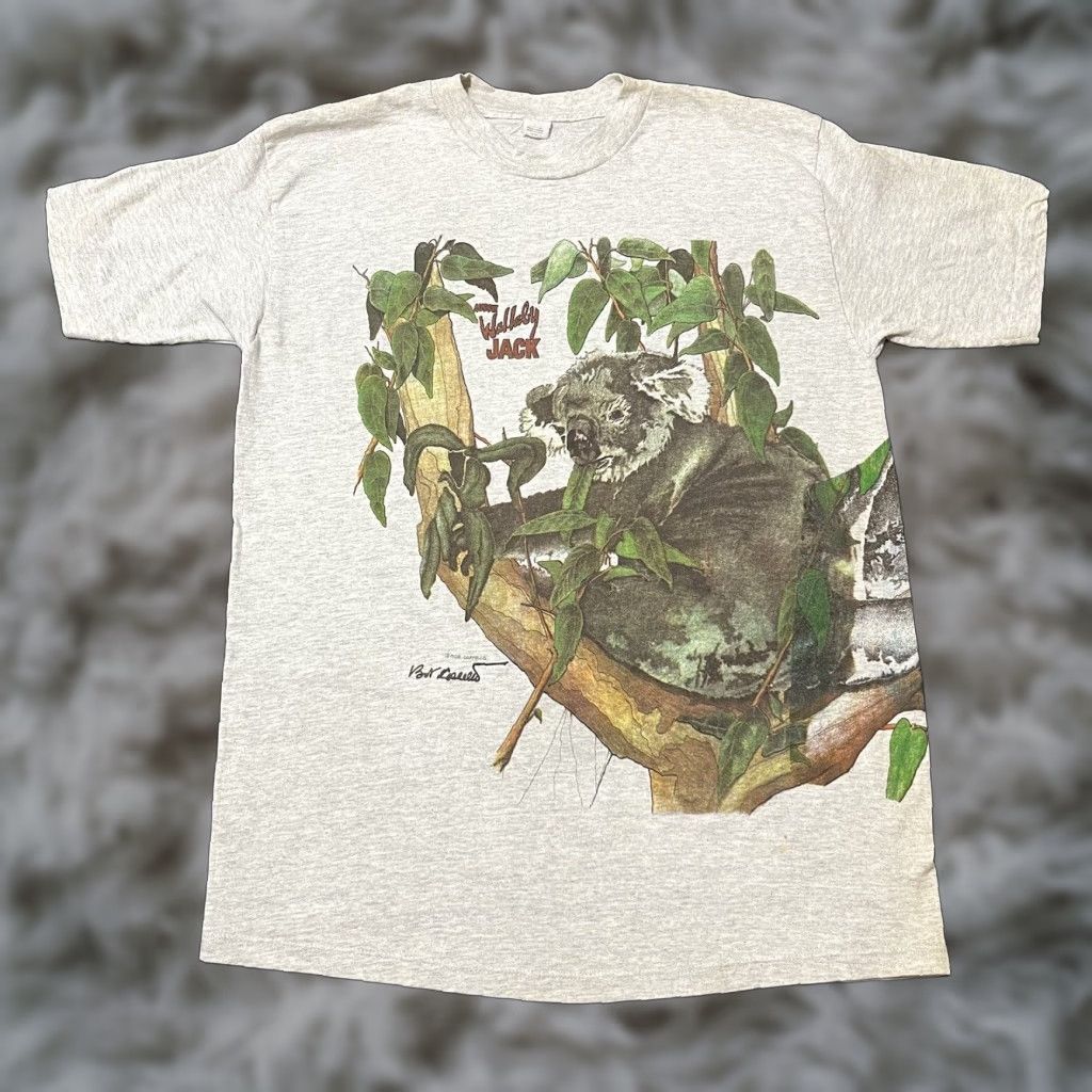 VINTAGE Artex Koala Bear All Over Print Shirt WWF Panda Bears Nature Graphic Print Short Sleeve Crew Neck L Gray Cotton Knitting Logo Men T-Shirt