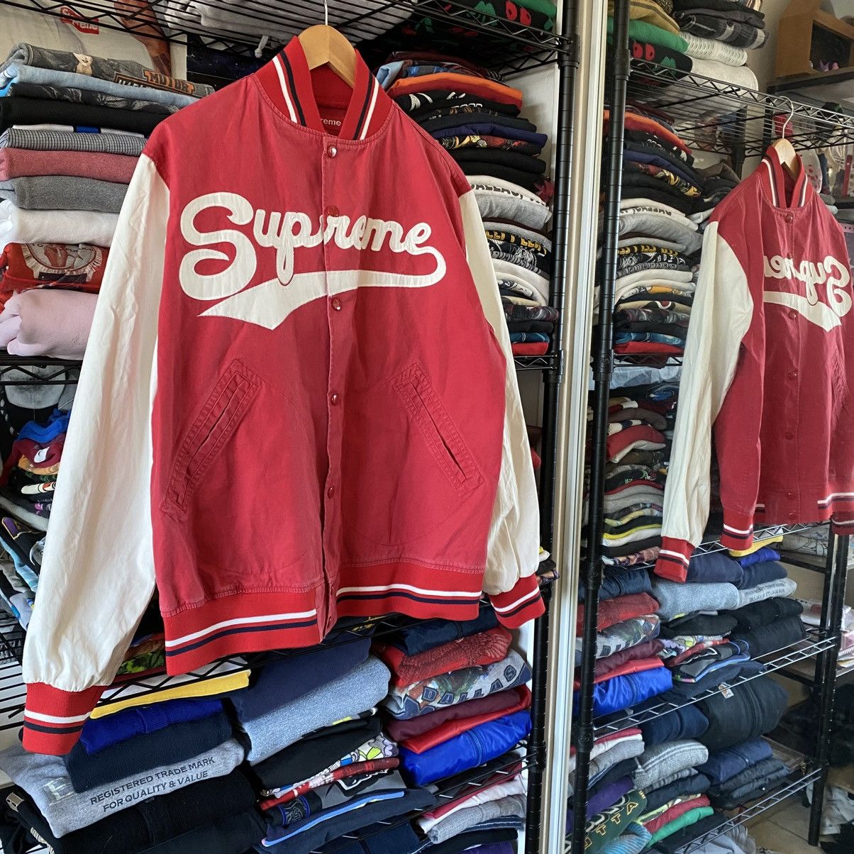Supreme Vintage Supreme Varsity Script Jacket Red White 2004 Size US XL / EU 56 / 4 - 3 Thumbnail
