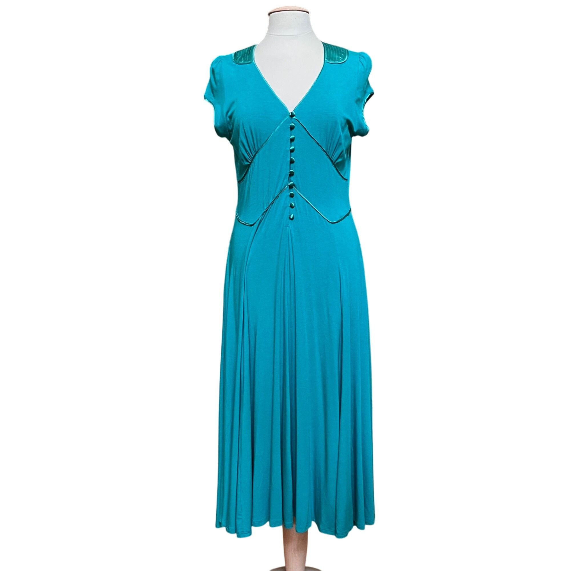 Bloomingdales Teal Midi Dress Pin Up Baby Doll 40s Satin Acc