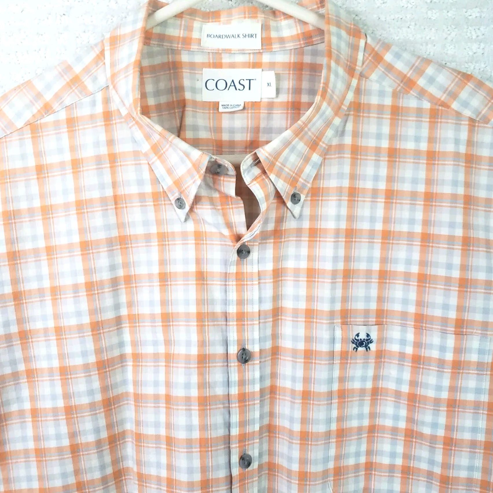 Vintage Coast Shirt Mens XL Orange White Plaid Button-Up Short Sleeve Coastal Boardwalk Crab Logo Pocketed Breathable Cotton Blend Regular Fit Size US XL / EU 56 / 4 - 3 Thumbnail